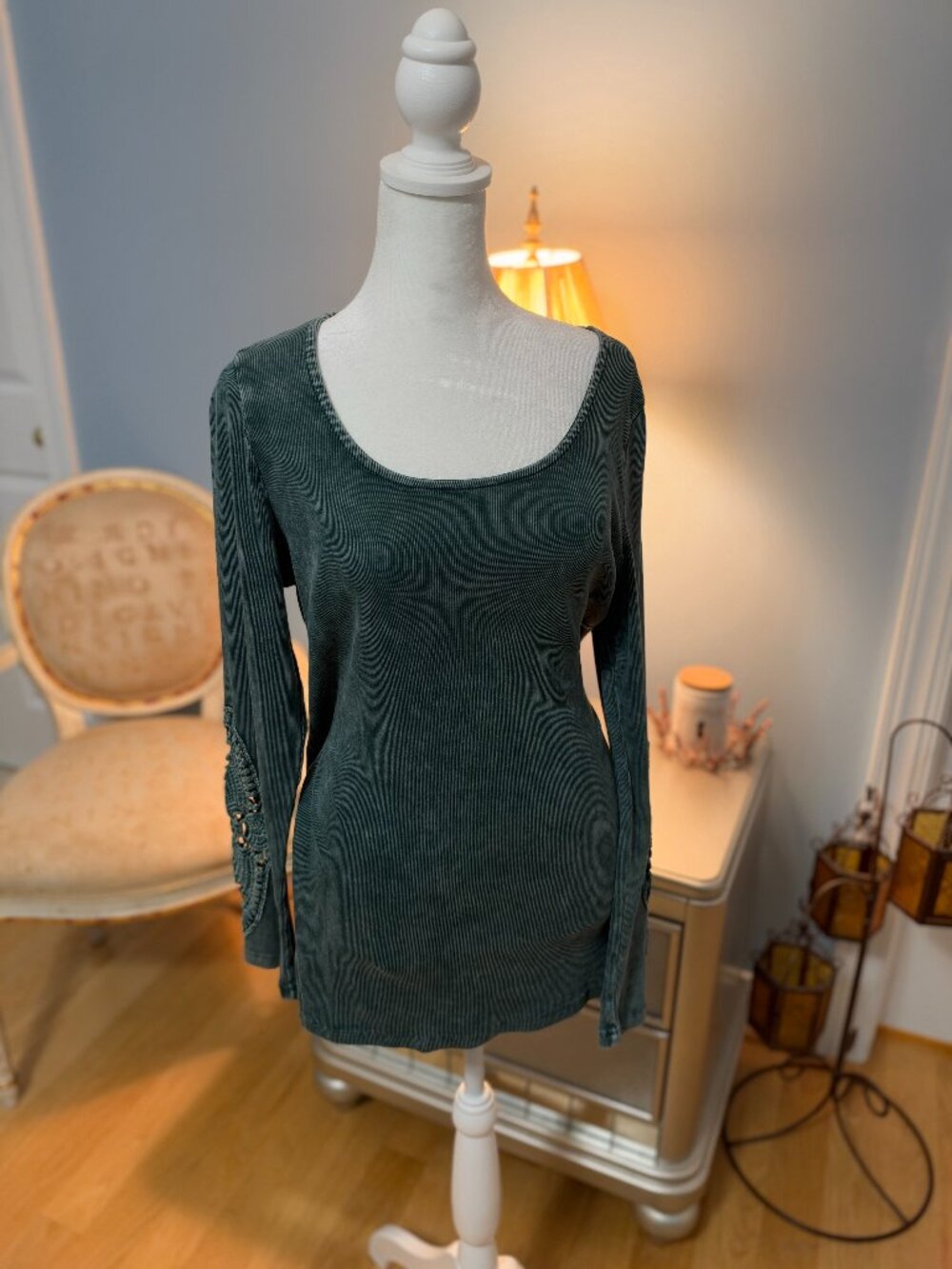 Torrid Deep Depths Green Mineral Wash Ribbed Crochet Sleeve Top 1 XL